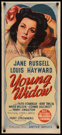 5r598 YOUNG WIDOW Aust daybill '46 art of world's most exciting sexy brunette Jane Russell!