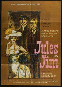 5r271 JULES & JIM 2-sided German '62 Francois Truffaut, Moreau, Werner, cool art on both sides!