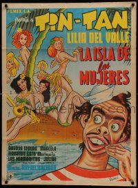 5r076 LA ISLA DE LAS MUJERES Mexican poster '53 art of Tin-Tan on island with sexy babes by Urzaiz