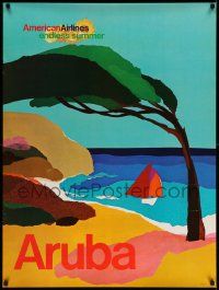 5t035 AMERICAN AIRLINES ARUBA 30x40 travel poster '70s endless summer, art of beach & sailboat!