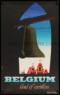 5t062 BELGIUM LAND OF CARILLONS 25x39 Belgian travel poster '60s art of bell towers by Richez!