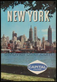 5t028 CAPITAL AIRLINES NEW YORK 24x35 travel poster '60s great photo of the NYC skyline!