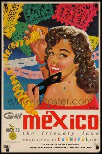 5t046 GAY MEXICO 19x29 Mexican travel poster '50s great art of a woman with streamers and a mask!