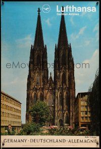 5t055 LUFTHANSA GERMANY 20x29 German travel poster '67 cool image of cathedral in Cologne!