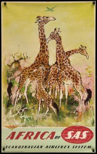 5t057 SAS AFRICA 25x39 Danish travel poster '50s Otto Nielsen wildlife art of giraffes!