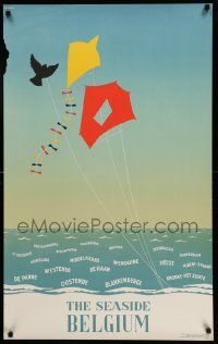 5t064 SEASIDE BELGIUM 25x39 Belgian travel poster '50s artwork of kites over ocean by Conrad!