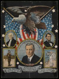 5t019 AMERICA WE LOVE YOU 12x16 WWI war poster '17 Washington, Lincoln, Wilson, eagle, more!