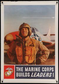 5t001 MARINE CORPS BUILDS LEADERS 28x40 war poster '50s cool image of pilot in front of jet!