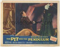 5w822 PIT & THE PENDULUM LC #1 '61 Vincent Price attacking John Kerr with fireplace poker!