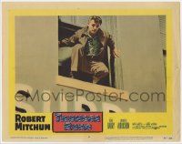 5w935 THUNDER ROAD LC #6 '58 close up of bootlegger Robert Mitchum about to jump from window!