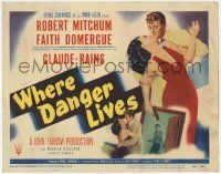 5w478 WHERE DANGER LIVES TC '50 classic art of Robert Mitchum holding sexy Faith Domergue!