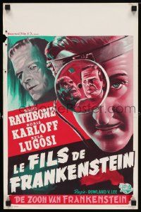 5y041 SON OF FRANKENSTEIN Belgian R50s art of monster Boris Karloff, Bela Lugosi & Rathbone!