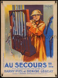 5y464 AU SECOURS French 24x32 '25 art of soldier Harry Piel carrying gun rack by Gaillant!