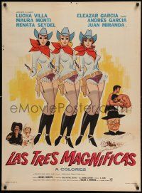 5y005 LAS TRES MAGNIFICAS Mexican poster '70 great artwork of three sexy cowgirls!