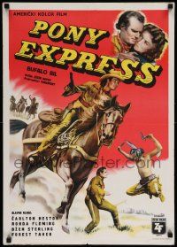5y591 PONY EXPRESS Yugoslavian 19x28 '53 art of Charlton Heston as Buffalo Bill on horseback!