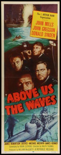 5z011 ABOVE US THE WAVES insert '56 art of John Mills & English WWII sailors at periscope in sub!