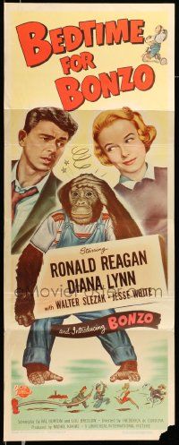 5z047 BEDTIME FOR BONZO insert '51 art of chimpanzee between Ronald Reagan & Diana Lynn!