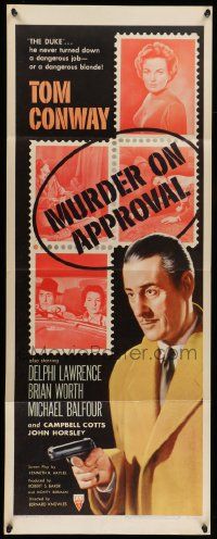 5z276 MURDER ON APPROVAL insert '56 art of detective Tom Conway w/pistol, English noir!