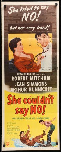 5z381 SHE COULDN'T SAY NO insert '54 sexy short-haired Jean Simmons examines Dr. Robert Mitchum!