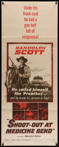 5z386 SHOOT-OUT AT MEDICINE BEND insert '57 Preacher Randolph Scott wrote his sermon in lead!
