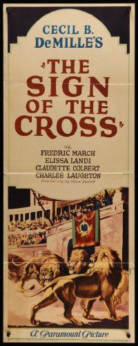 5z387 SIGN OF THE CROSS insert '32 Cecil B. DeMille, art of Emperor over lions in Colisseum, rare!