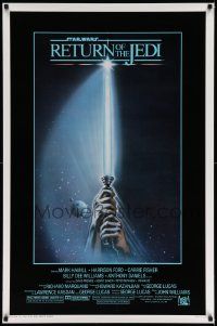 6a273 RETURN OF THE JEDI 1sh '83 George Lucas, art of hands holding lightsaber by Tim Reamer!