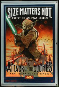 6a042 ATTACK OF THE CLONES IMAX vinyl banner '02 Star Wars, McMacken art of Yoda, size matters not!