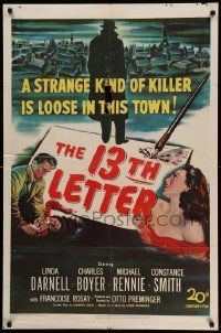 6b038 13th LETTER 1sh '51 Otto Preminger, Linda Darnell, a strange kind of killer is loose!