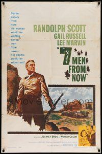 6b044 7 MEN FROM NOW 1sh '56 Budd Boetticher, great full-length art of Randolph Scott with rifle!
