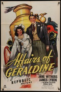 6b054 AFFAIRS OF GERALDINE 1sh '46 art of newly married Jane Withers & Jimmy Lydon & fire engine!