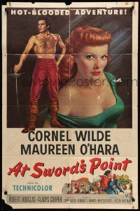 6b080 AT SWORD'S POINT 1sh '52 full-length barechested Cornel Wilde, sexy Maureen O'Hara!