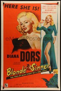 6b122 BLONDE SINNER 1sh '56 sexiest eye-filling gasp-provoking blonde bombshell Diana Dors!