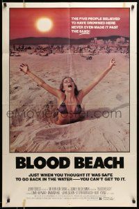 6b124 BLOOD BEACH 1sh '81 Jaws parody tagline, image of sexy girl in bikini sinking in sand!