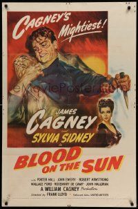 6b126 BLOOD ON THE SUN 1sh '45 great artwork of James Cagney in fight, plus sexy Sylvia Sidney!
