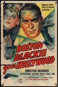 6b136 BOSTON BLACKIE GOES HOLLYWOOD 1sh '42 cool art of tough detective Chester Morris!