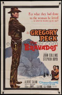 6b140 BRAVADOS 1sh '58 full-length art of cowboy Gregory Peck with gun & sexy Joan Collins!