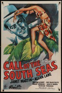 6b164 CALL OF THE SOUTH SEAS 1sh '44 Janet Martin, Allan Lane, cool tropical art!