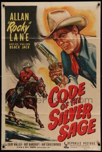 6b194 CODE OF THE SILVER SAGE 1sh '50 cowboy Rocky Lane w/six shooter & his Stallion Black Jack!
