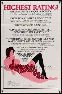 6b254 DIVERSIONS 1sh '76 x-rated, cool sexy art design of title over nude woman!