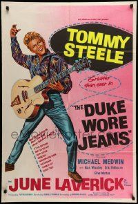 6b011 DUKE WORE JEANS English 1sh '58 great full-length art of Tommy Steel playing guitar!
