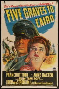 6b309 FIVE GRAVES TO CAIRO style A 1sh '43 Billy Wilder, Nazi Erich von Stroheim, Anne Baxter!