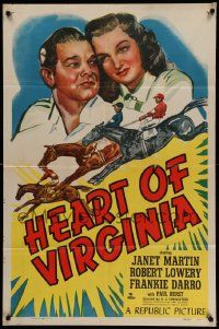 6b372 HEART OF VIRGINIA 1sh '48 Janet Martin, Robert Lowery, Frankie Darro, horse racing art!