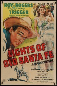 6b460 LIGHTS OF OLD SANTA FE 1sh '44 art of Roy Rogers & Trigger + full-length Dale Evans!