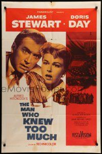 6b489 MAN WHO KNEW TOO MUCH 1sh '56 James Stewart & Doris Day, directed by Alfred Hitchcock!