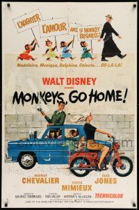 6b522 MONKEYS GO HOME 1sh '67 Disney, art of Maurice Chevalier, Yvette Mimieux & apes!