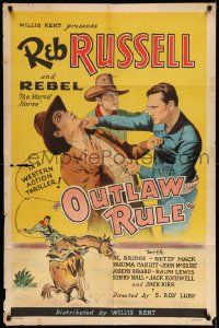 6b582 OUTLAW RULE 1sh '35 Reb Russell, Rebel The Marvel Horse, cool fighting artwork!