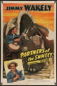 6b590 PARTNERS OF THE SUNSET 1sh '48 singing cowboy Jimmy Wakely with guitar & on horseback!