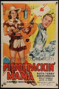 6b609 PISTOL PACKIN' MAMA 1sh '43 sexiest cowgirl Ruth Terry w/two guns, playing card art!