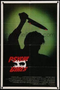 6b619 PSYCHO GIRLS 1sh '86 cool horror comedy shadow image of killer with bloody knife!