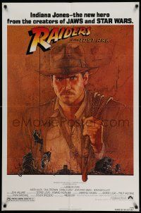 6b628 RAIDERS OF THE LOST ARK 1sh '81 great art of adventurer Harrison Ford by Richard Amsel!